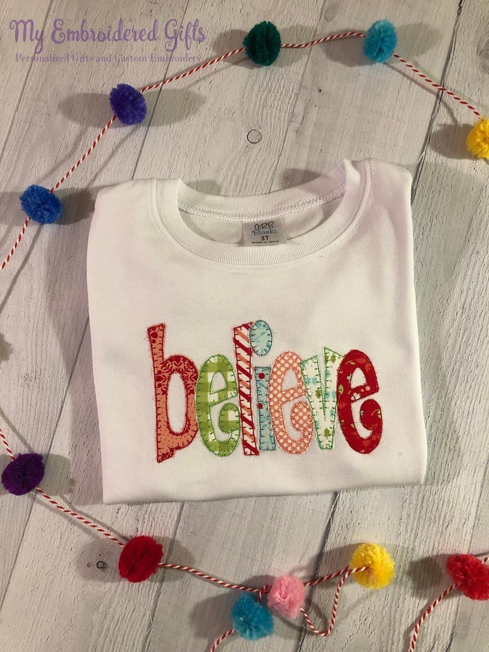 Children's Christmas Believe Applique Shirt - myembroideredgifts-com - myembroideredgifts-com