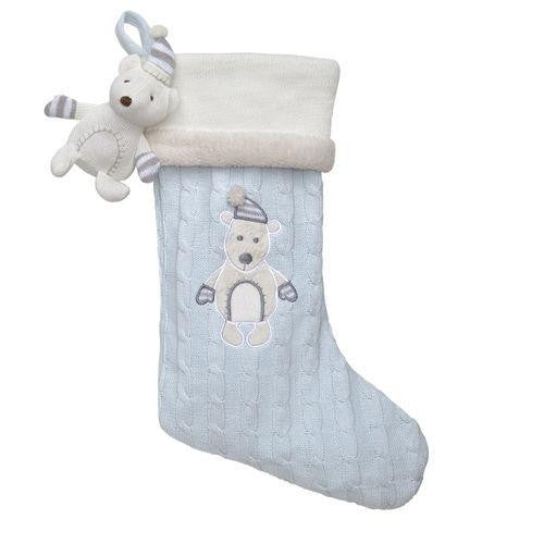 Elegant Baby Christmas Stocking Blue Bear Applique 