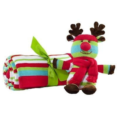 Elegant Baby Striped Cable Knit Christmas Blanket with Stuffed Reindeer 