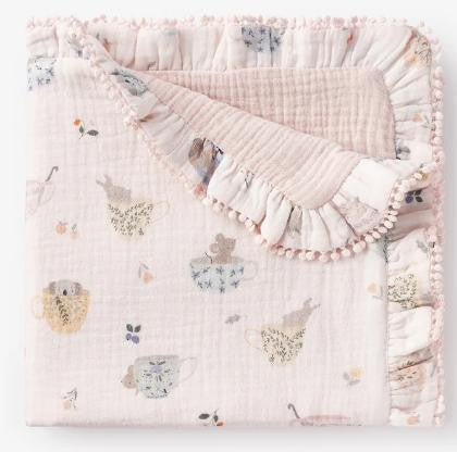 Elegant Baby Tea Party Organic Muslin Lace Edge Blankie 