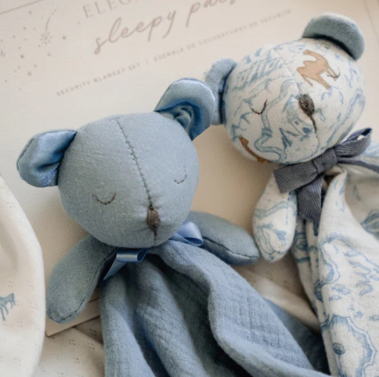 Blue "Sleepy Pal"  Bear Organic Security Blanket (Set of 2)