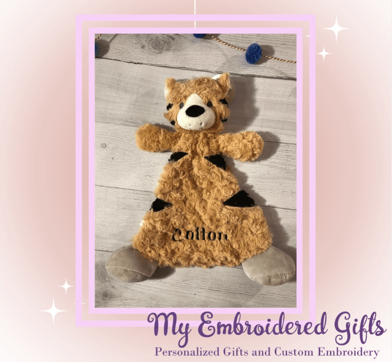 Tobias Tiger Rattle Blankie Personalized - myembroideredgifts-com - Demdaco